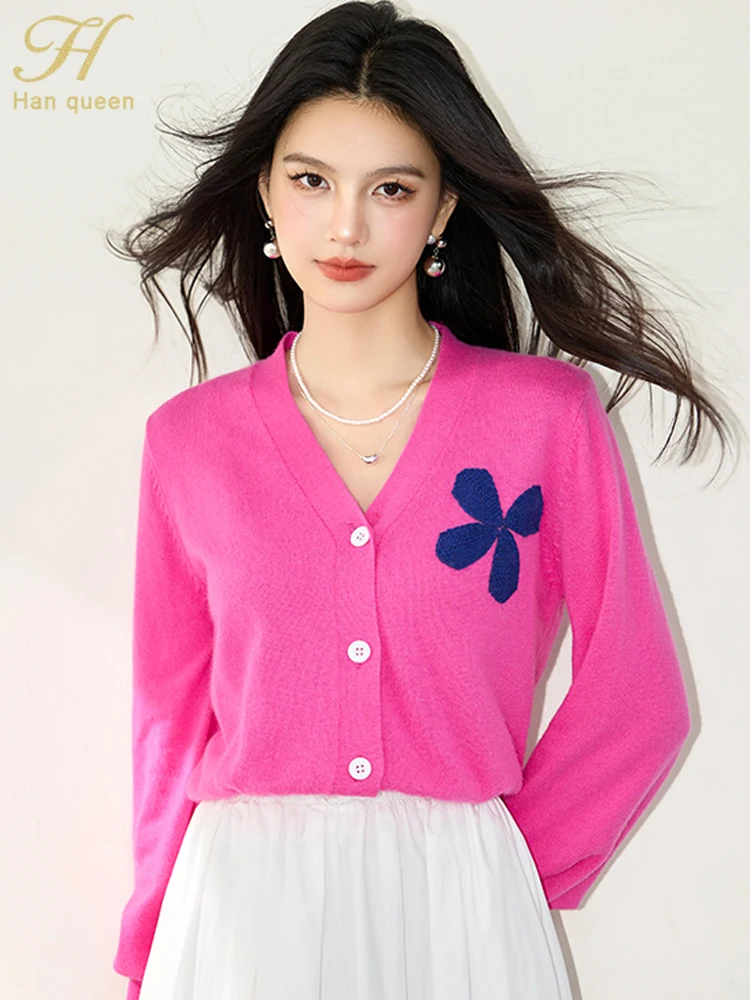 

H Han Queen 2025 Autumn Winter New Knitted Cardigan Sweater For Women Tops Basic V-neck Long Sleeve French Lazy Style Cardigan