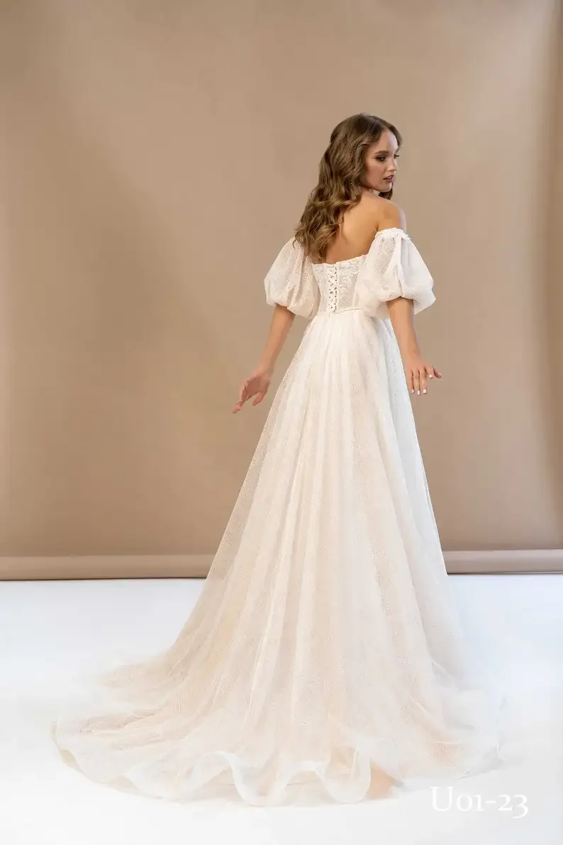 Simple Bridal Dress Lace Embroidered Wedding Dress Lantern Sleeve Dresses Nude Boho Bridal Gown Corset Custom Wedding Dress