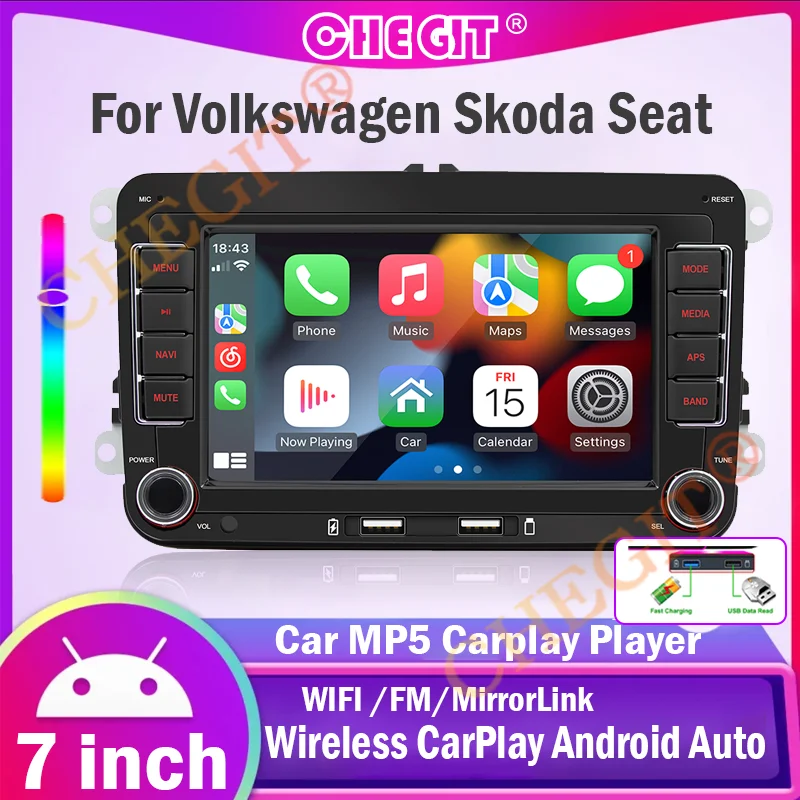 

7" Car Media Video 2 Din HD RDS Airplay Car Radio Wireless CarPlay Android Auto Stereo Audio For VW/Seat/Skoda/Passat/Golf/Polo