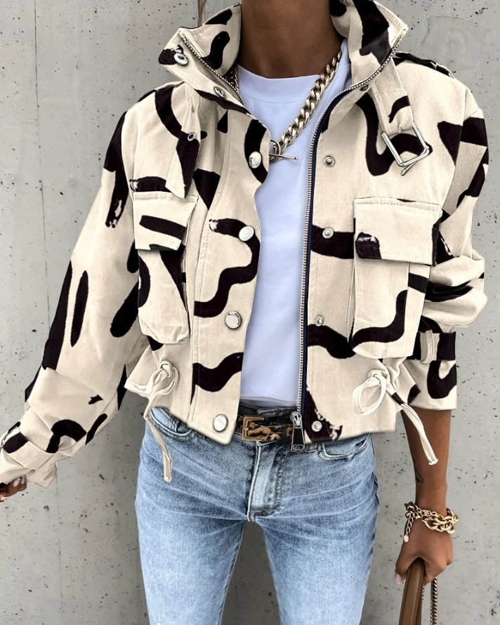 Women Jacket 2024 Spring Fashion Abstract Print Long Sleeve Zip Up Pocket Design Stand Collar Casual Crop Biker Jacket