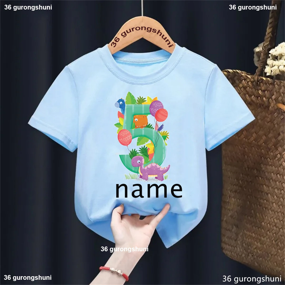 Kawaii Cat Kids Clothes Custom Name Dinosaur Balloon 5th Birtday Gift Printed Tshirt Girls/Boys  Fashion Solid T-Shirt