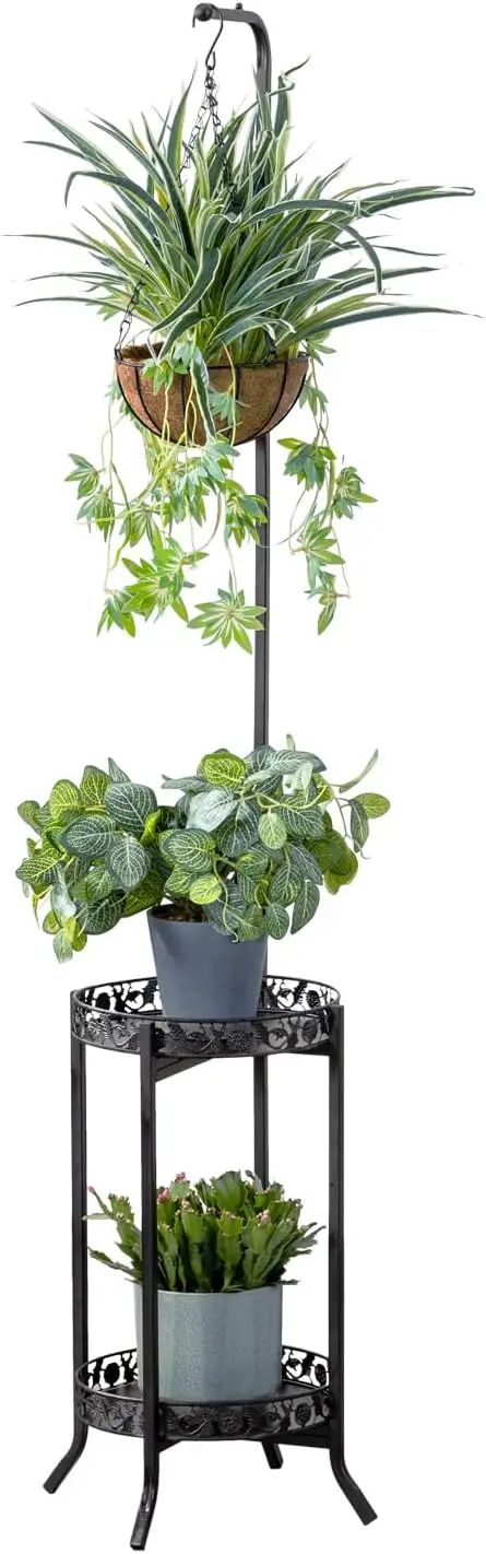 

2-Tier Hanging Plant Stand, Space-Saving Iron Shelves for Indoor Outdoor Flower Pots