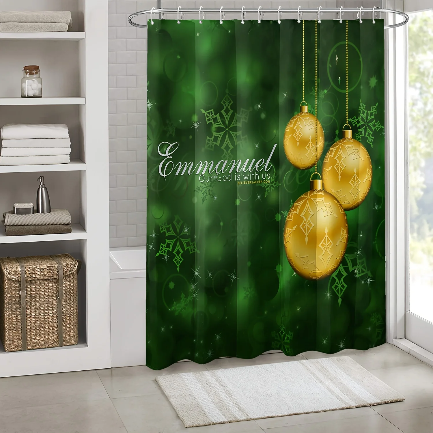 Christmas Shower Curtain Set with Hooks, Polyester Bath Curtain with Emmanuel Snowflake And Ornament Design, Seasonal Decor