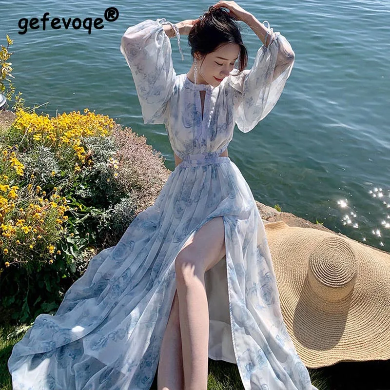 Vintage Strand Bloemen Maxi Jurk Vrouwen Elegant Hollow Out Koreaanse Vakantie Split Jurk Vrouwelijke Casual Lange Mouw Fee Feestjurk