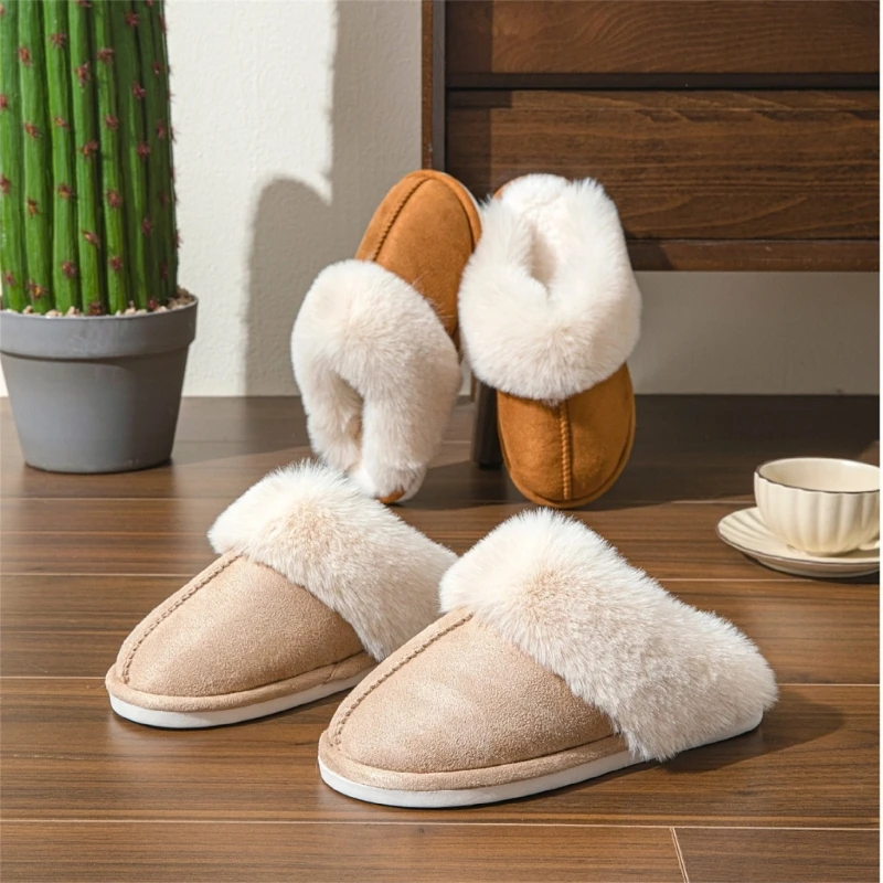 

Warm Fuzzy Trimmed PVC Slippers Memory Foam Footbed Couples Home Footwear Slip Resistant Design