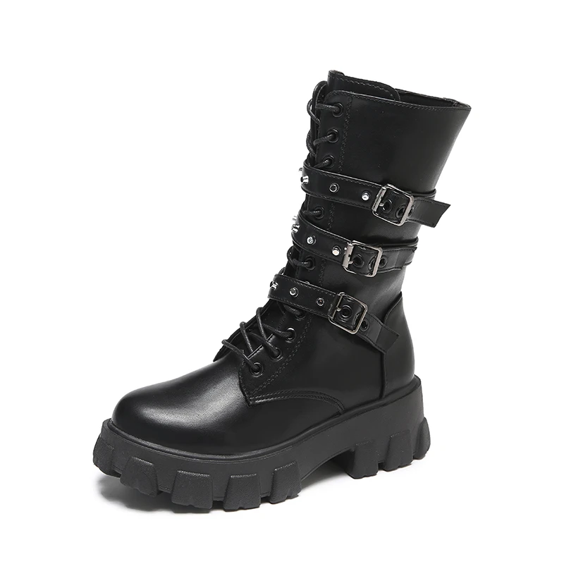 Gothic Platform Buckles Chains Punk Rivets Combat Motorcycle Boots Shoes for Women Chunky Heels Mid Calf Boots boats