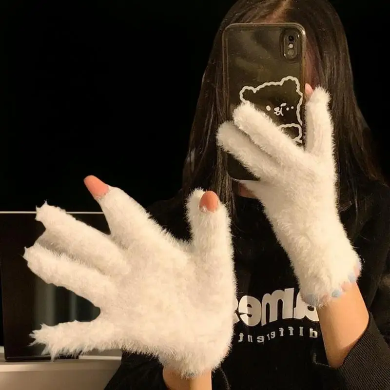 قفازات لطيفة مفتوحة الأصابع تعمل باللمس من القطيفة بخمسة أصابع للنساء في الشتاء، مخملية دافئة وسميكة لطلاب ركوب الدراجات