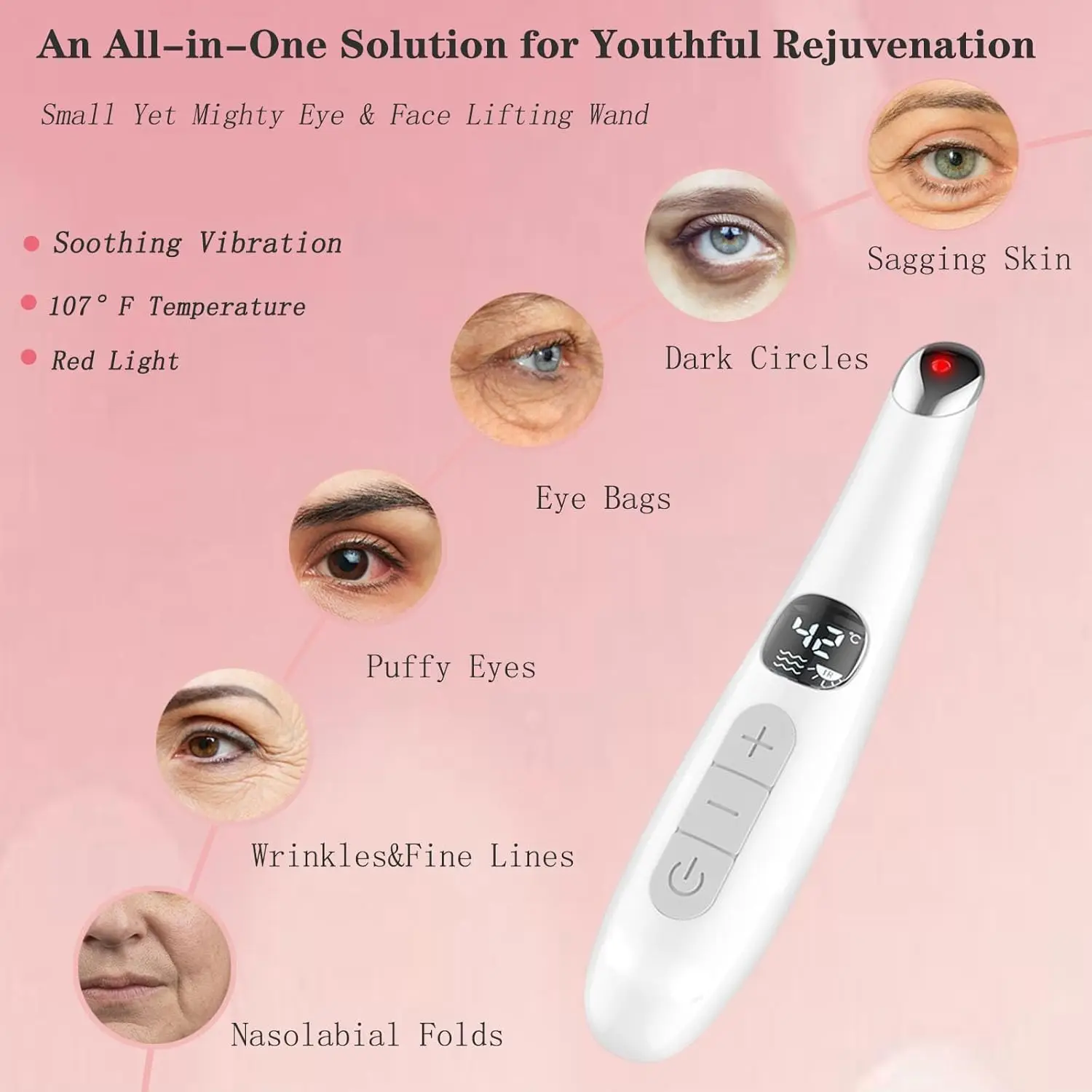 Dispositivo de belleza con varita para levantamiento de ojos 3 en 1, luz roja vibratoria 98 ° F a 113 ° Masajeador de ojos con pantalla LCD F para hinchazón de ojeras de ojos secos