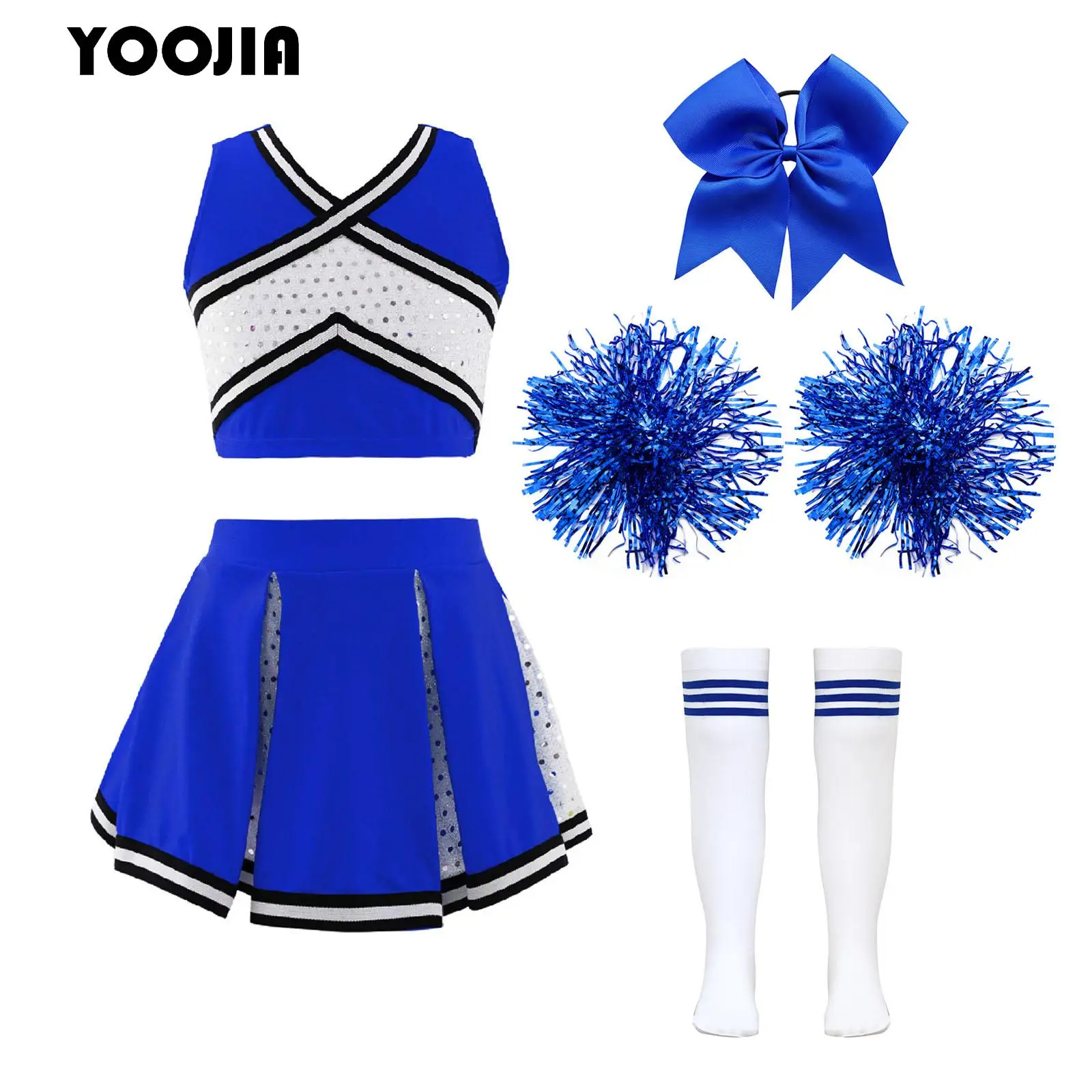 

School Girls Cheerleading Costumes Cheerleader Uniforms Sequins Crop Top Pleated Skirt with Headwear Hand Flowers Striped Socks