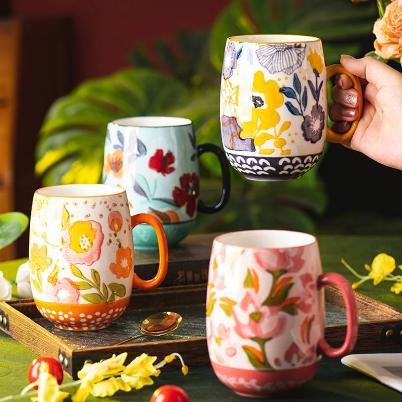 

Retro Hand Drawn Ceramic Coffee Mug Painted Flower Water Cup Office Household Breakfast Cup Afternoon Tea Coffee Milk Cups New