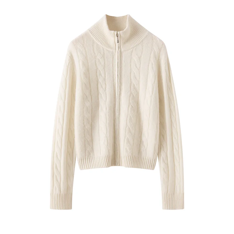 

High-End Light Luxury 100% Cashmere Sweater Autumn Winter New Half-High Collar Women's Cardigan Loose Thickened Zipper Coat