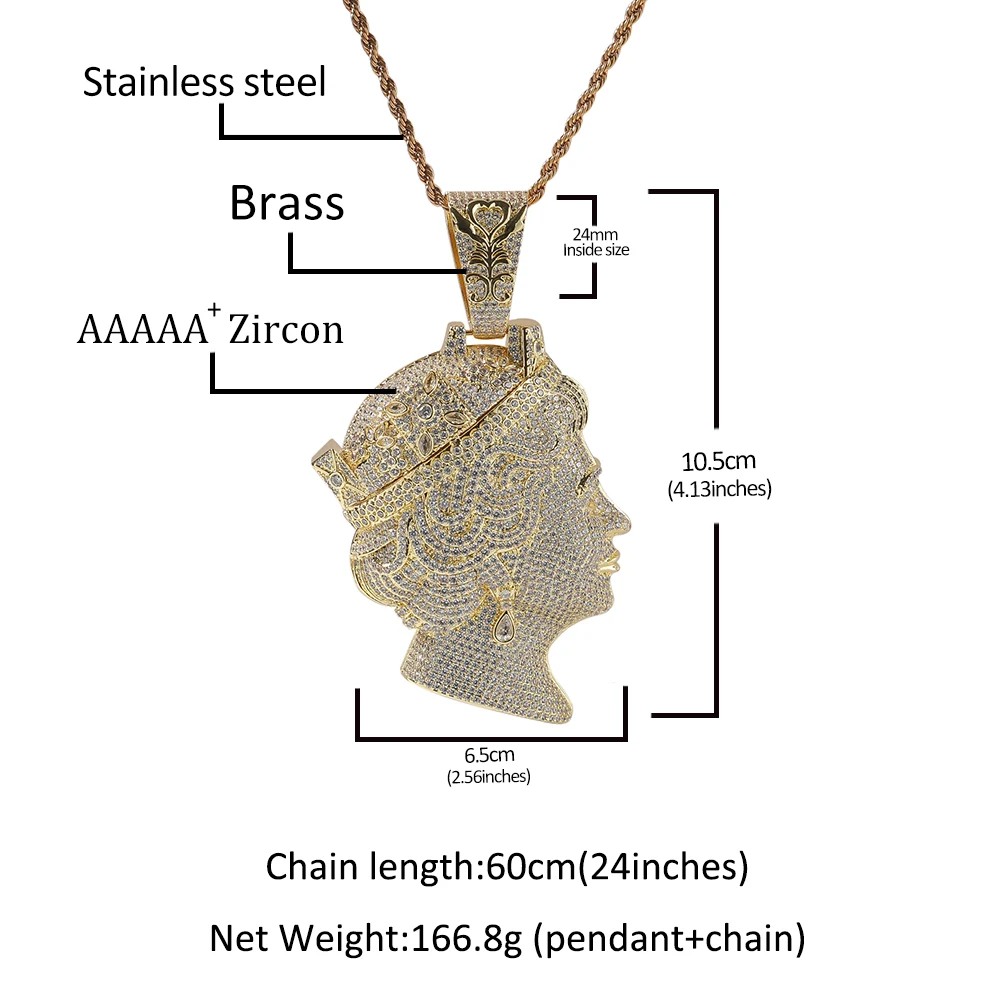 THE BLING KING 2 Sides Wearable Iced Out Queen Head Pendant Hip Hop Full CZ Paved Gold Plated Portrait Necklace for Men Women