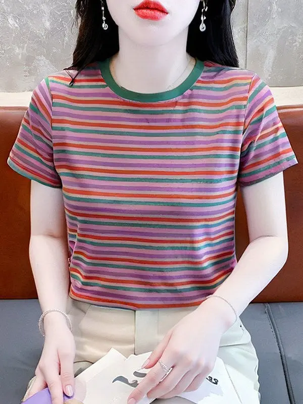 

Fashionable Loose Rainbow Striped Short Sleeve T-Shirt Women's Summer High-end Top UV Protection Clothing Ladies' Shirt