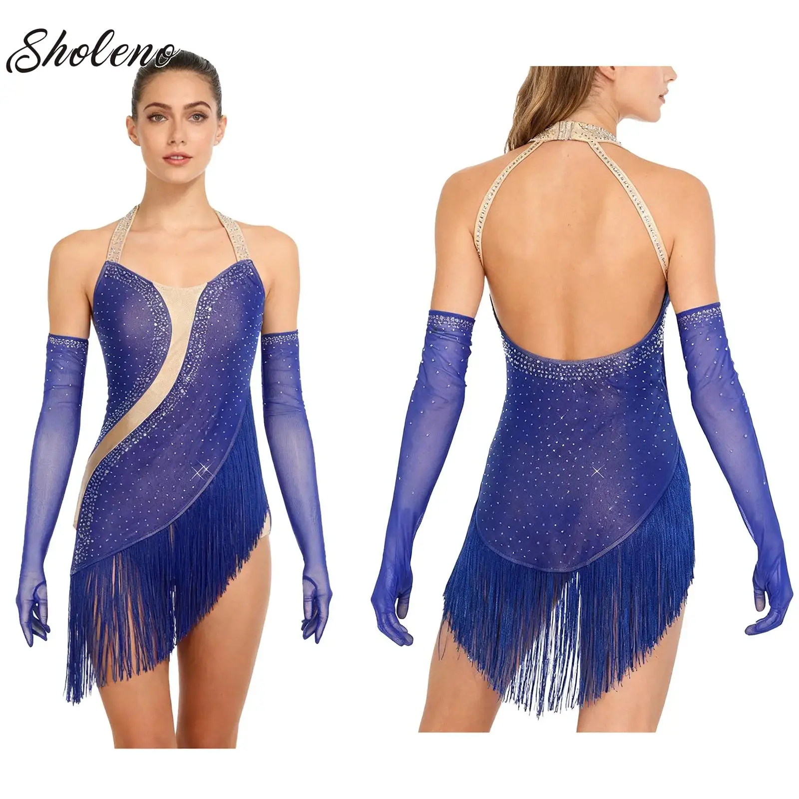 

Womens Fringed Dance Leotard Dress Rhinestones Sleeveless Tassel Bodysuit+Gloves Set for Figure Skating Tango Samba Latin Jazz