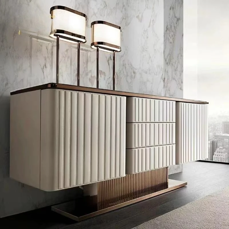 Luxury Fluted Sideboard Buffet Cabinet Rose Gold Trim Marble Plywood Storage Credenza with Drawers for Living Room Hotel