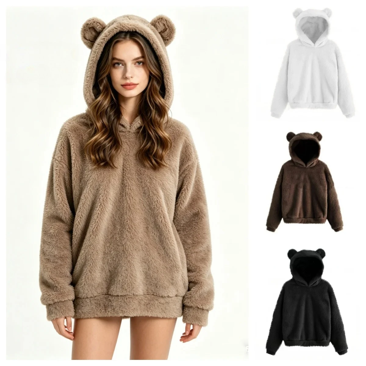 Fall Winter Women's Hoodies Winter Women Long Sleeve Rabbit Ear Hood Sweatshirt Cute Plush Warm Casual Cute Hoodie Tops 2026