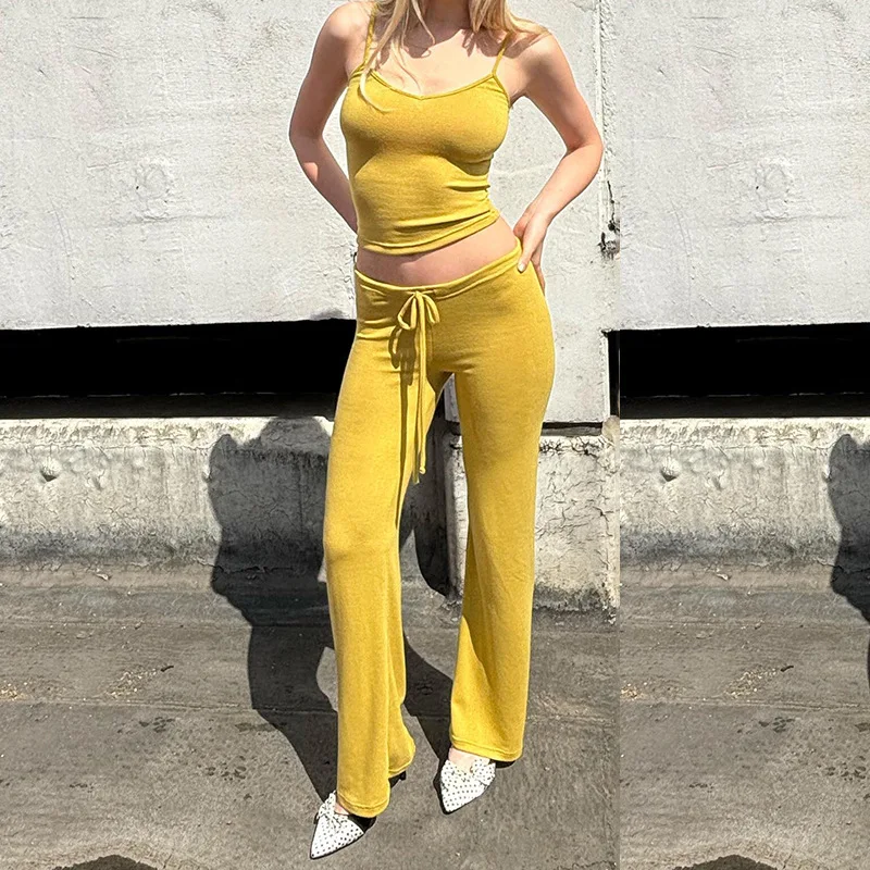 

Casual Set Solid Color Small Tank Top High Waist Strap Pants Two Piece Set Fashion Home Wear Sportswear Women's Wear