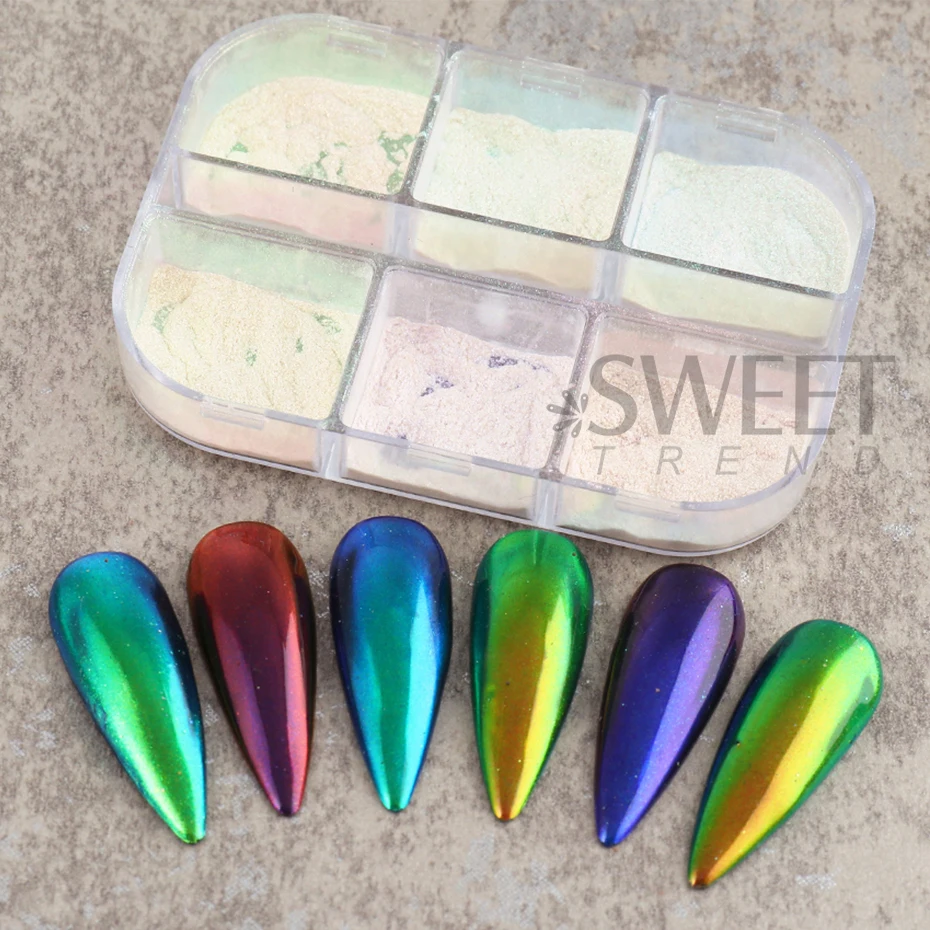 6 Grids Aurora Mirror Nails Powder Aurora Shiny Pearl Chrome Effect Pigments Gel Polish Laser Dust Glitter Manicure Decoration