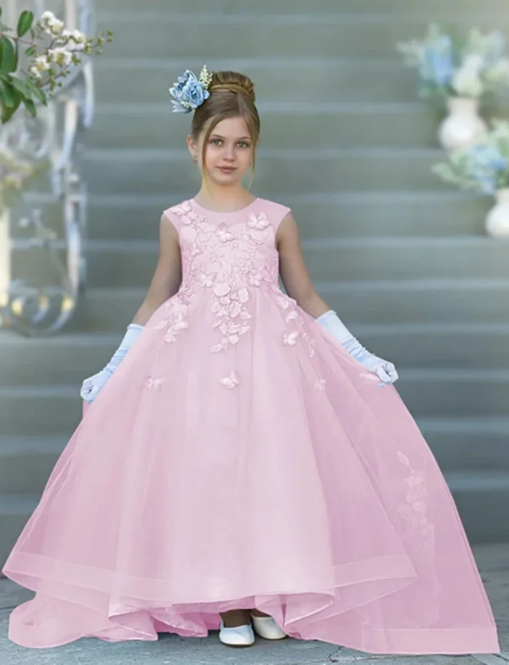 Maßgeschneiderte grüne Blumenmädchenkleider für die Hochzeit, Applikationen, Schmetterlinge, Kindergeburtstagsfeier, Quinceanera-Erstkommunion-Abschlussballkleid