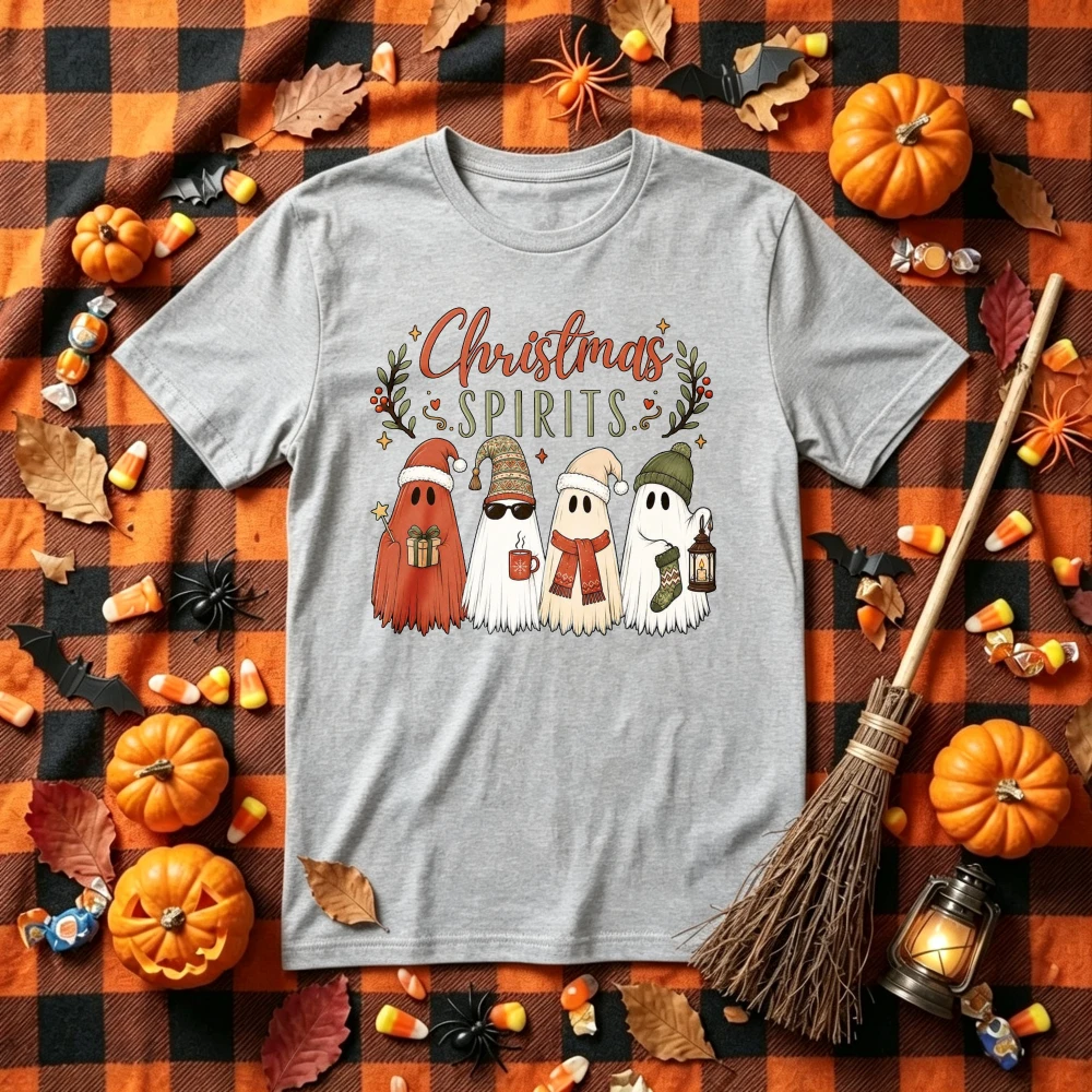 Christmas Spirits Ghost Graphic T‑Shirt Cute Xmas Ghosts with Santa Hats Scarf Gift Mug Socks Lantern Winter Holiday Casual Tops