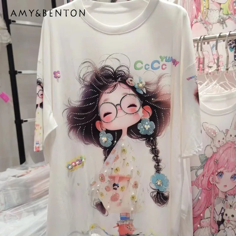 

2024 Summer New European Style Heavy Industry Beads Rhinestone Cartoon Girl Loose Short Sleeved T-shirt Women's Top Pullovers