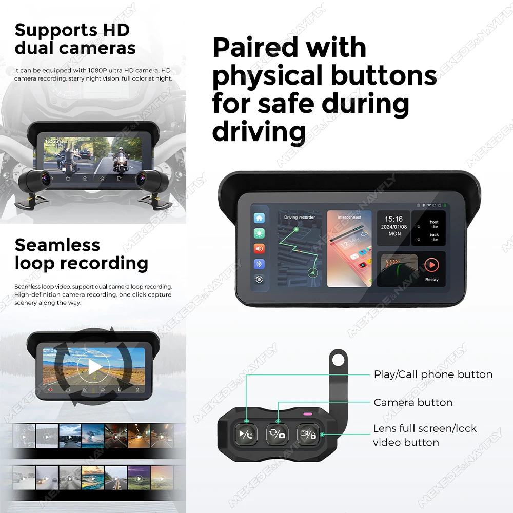 6.25 "التوصيل والتشغيل IP67 مقاوم للماء للدراجات النارية الملاحة اللاسلكية CarPlay أندرويد السيارات مستشعر TPMS جهاز تسجيل فيديو رقمي للسيارات دراجة نارية رصد