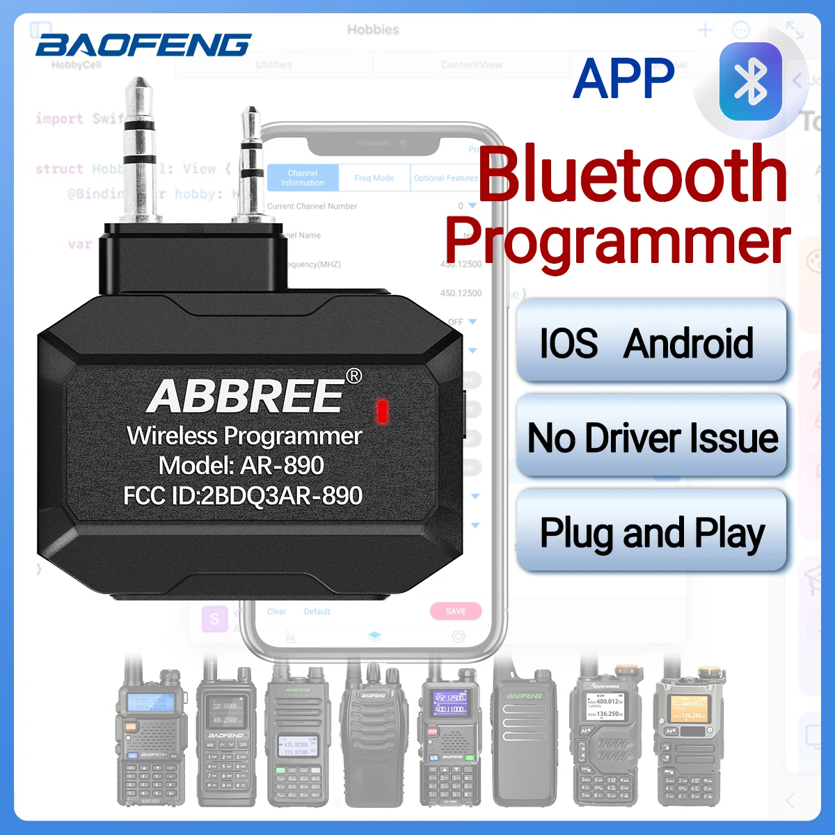 

ABBREE Bluetooth беспроводной программатор для рации Plug & Play программирование через приложение для телефона UV5R BF888S Quansheng UVK5