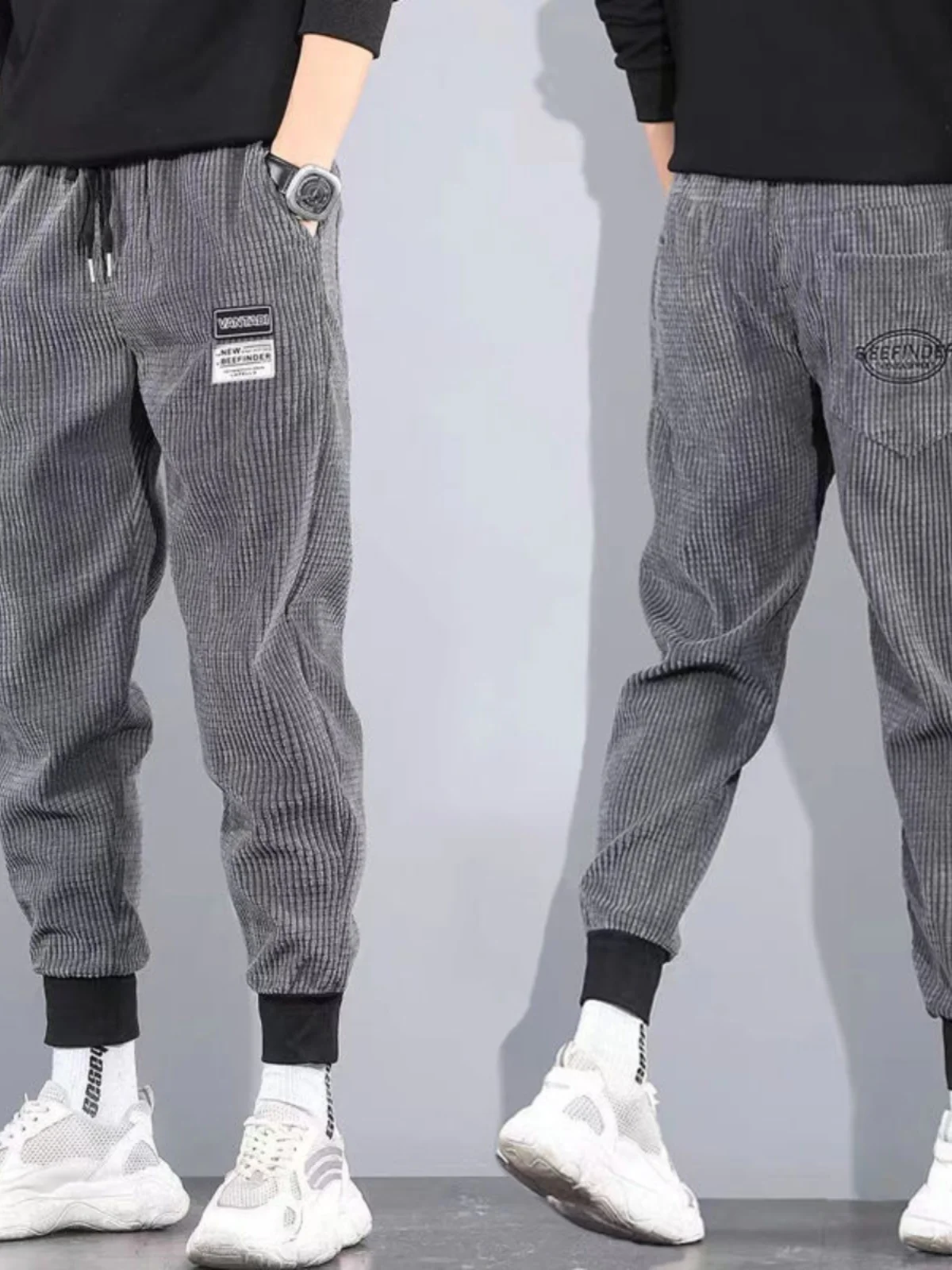 

Men's Fce Lined Loose Fit Sports Pants Corduroy Casual Trousers Autumn Winter Long Pants Cuffed Elastic Waist Youth Sle