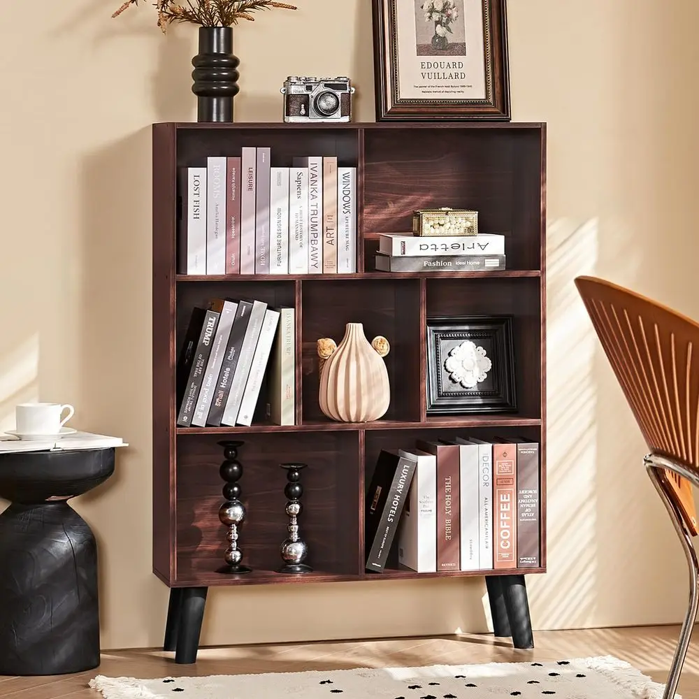 

7 Cube Bookshelf 3Tier Bookcase with Legs, MintWalnut Kids Book Shelf Cute Storage Organizer, Toy Shelves Bookshelves,Wood Disp
