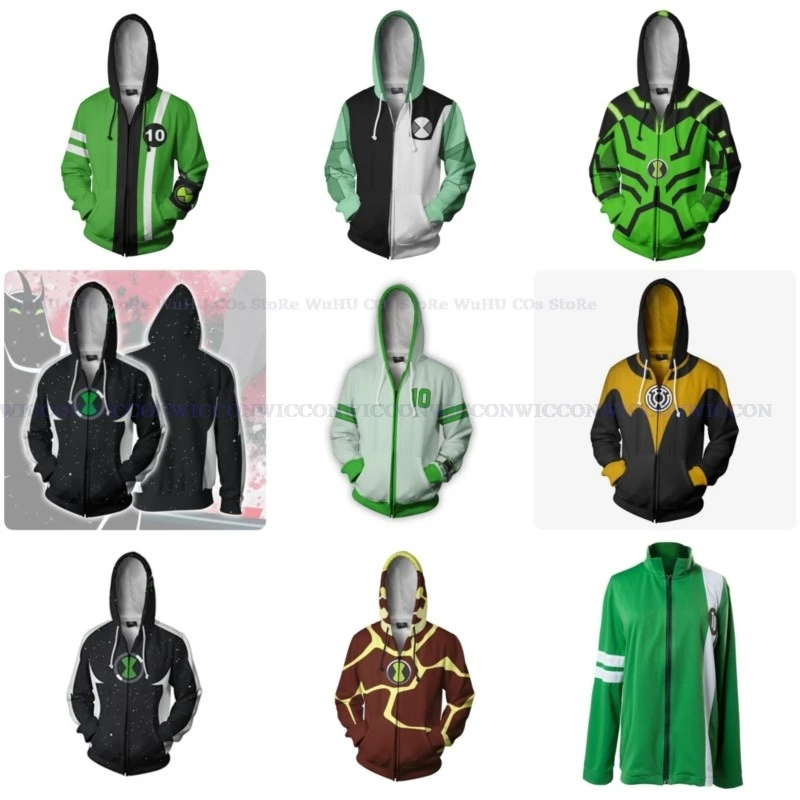 Ben Cosplay Tennyson 10 Kostuum Jas T-Shirts Groen Jasje Kids Jongens Meisjes Hoodie Katoenen Rits Up Groene Overjas Casual Tops Volwassen