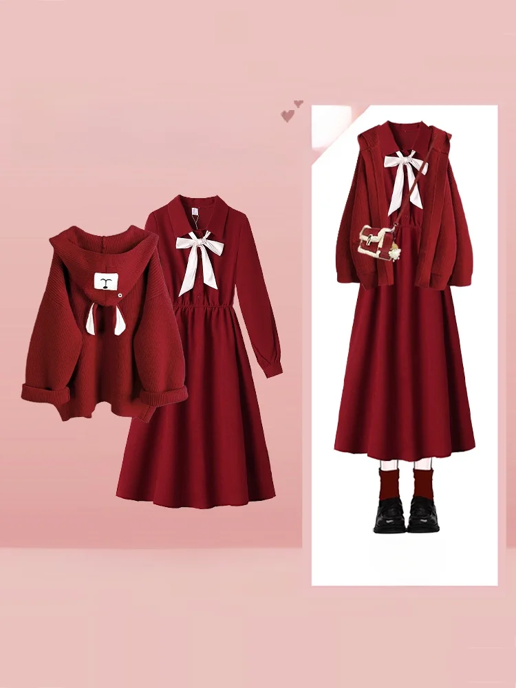 

New Year's Sweet Sle Red Bow Knot Dr Knitted Sweater Cardigan Winter Aosphere Set Women's Faion Ensemble Long Sve