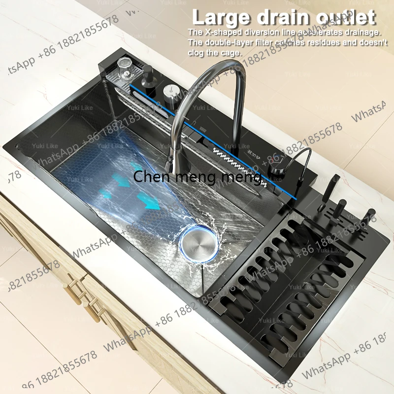 

Новая кухонная мойка из нержавеющей стали с водопадным изливом, с дренажной решеткой, рельефная, очень большая, с одной секцией, с цифровым дисплеем, для мытья посуды