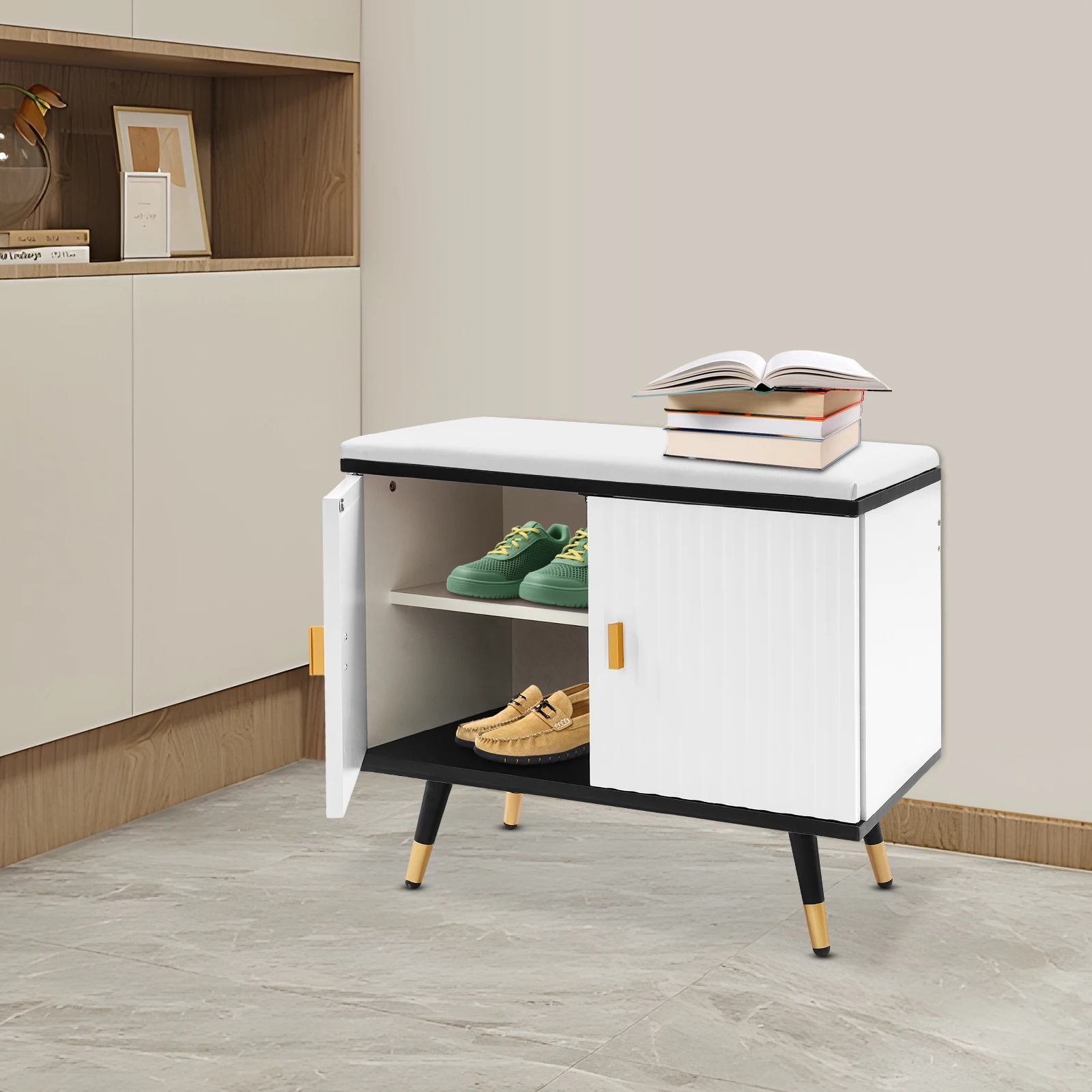 مقعد أحذية حديث قائم بذاته مع مساحة تخزين من طبقتين وقسم قابل للإزالة، وأرجل معدنية، وقدرة تحميل 100 كجم لغرف المعيشة