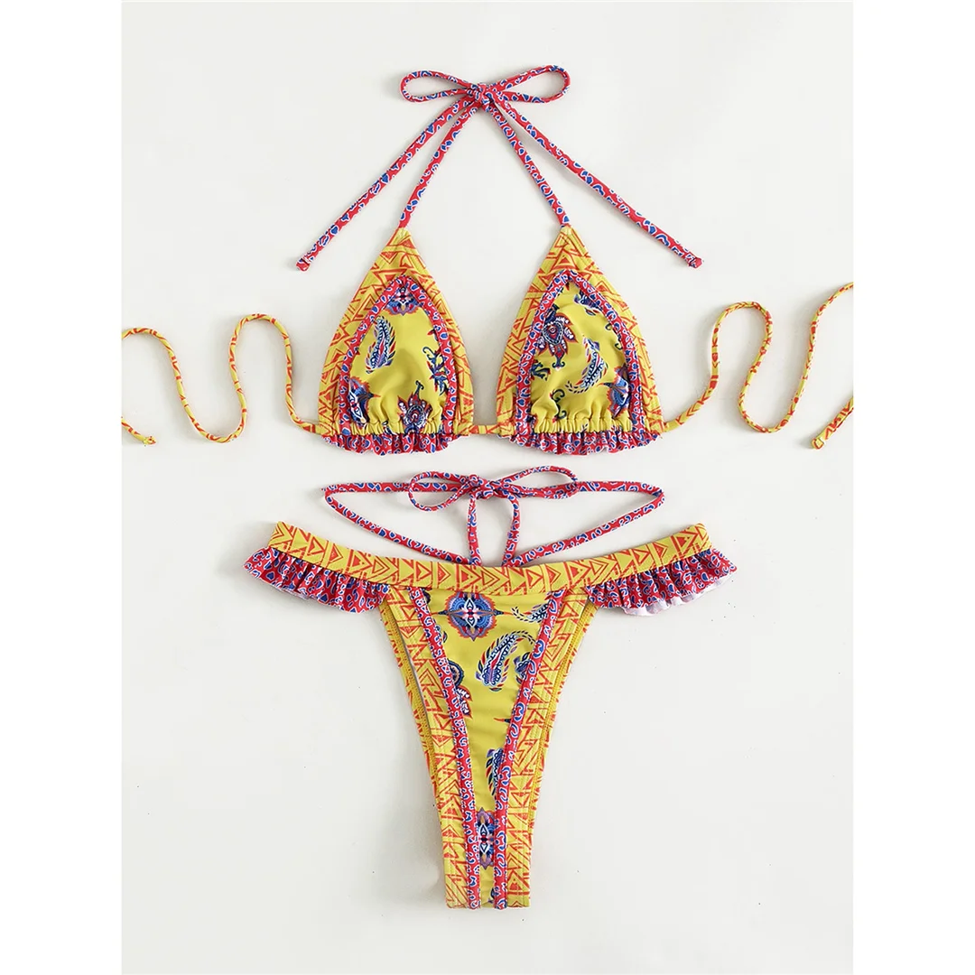 5 Farben, sexy, bedruckter Bikini mit Rüschen, Damen-Badebekleidung, zweiteiliger Bikini, Badeanzug, Badebekleidung, Modell V4651. – Detail 14