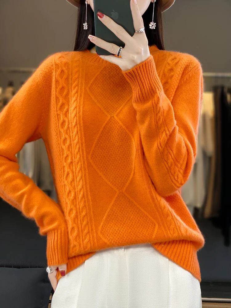 

Women's Long Sleeve Cashmere Sweater, 100% Wool, Round Neck, Monochromatic, Knitted Pullover, Casual, Autumn, New, 2023