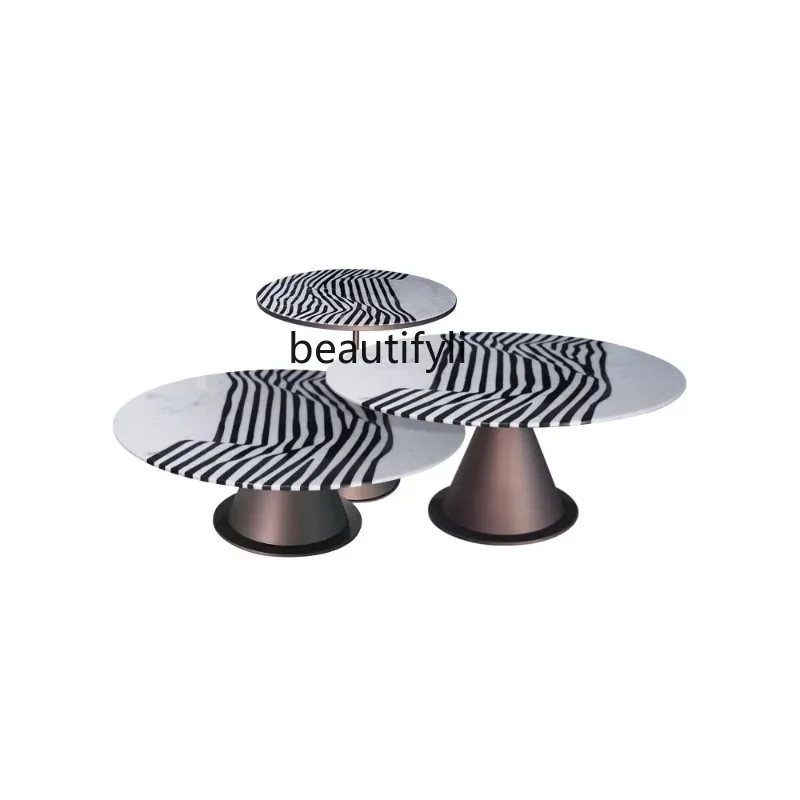 

Italian Minimalist Black and White Tea Table Light Luxury Natural Marble Tea Table Zebra Pattern round Tea Table Combination