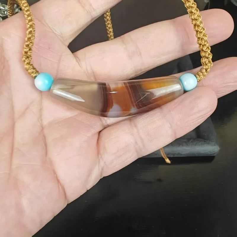 Natural Banded Agate Curved Pendant Necklace Unisex Hand Braided Rope With Turquoise Beads Boho Ethnic Stone Jewelry Gift