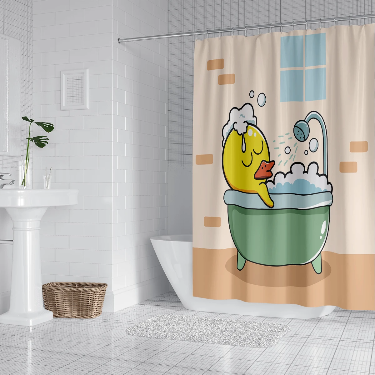 1PC, 180x180cm bathroom polyester shower curtain, mold resistant, waterproof, perforated with hooks, cartoon yellow duck