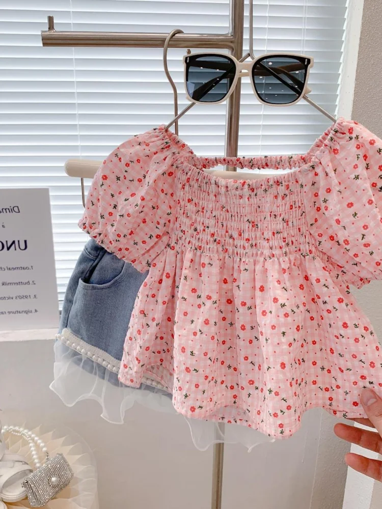 

Summer New Sle Kids' Denim ort Sve Set Baby Girls' Faionable Thin Top And Jeans orts Outfit round Ne Pure Color