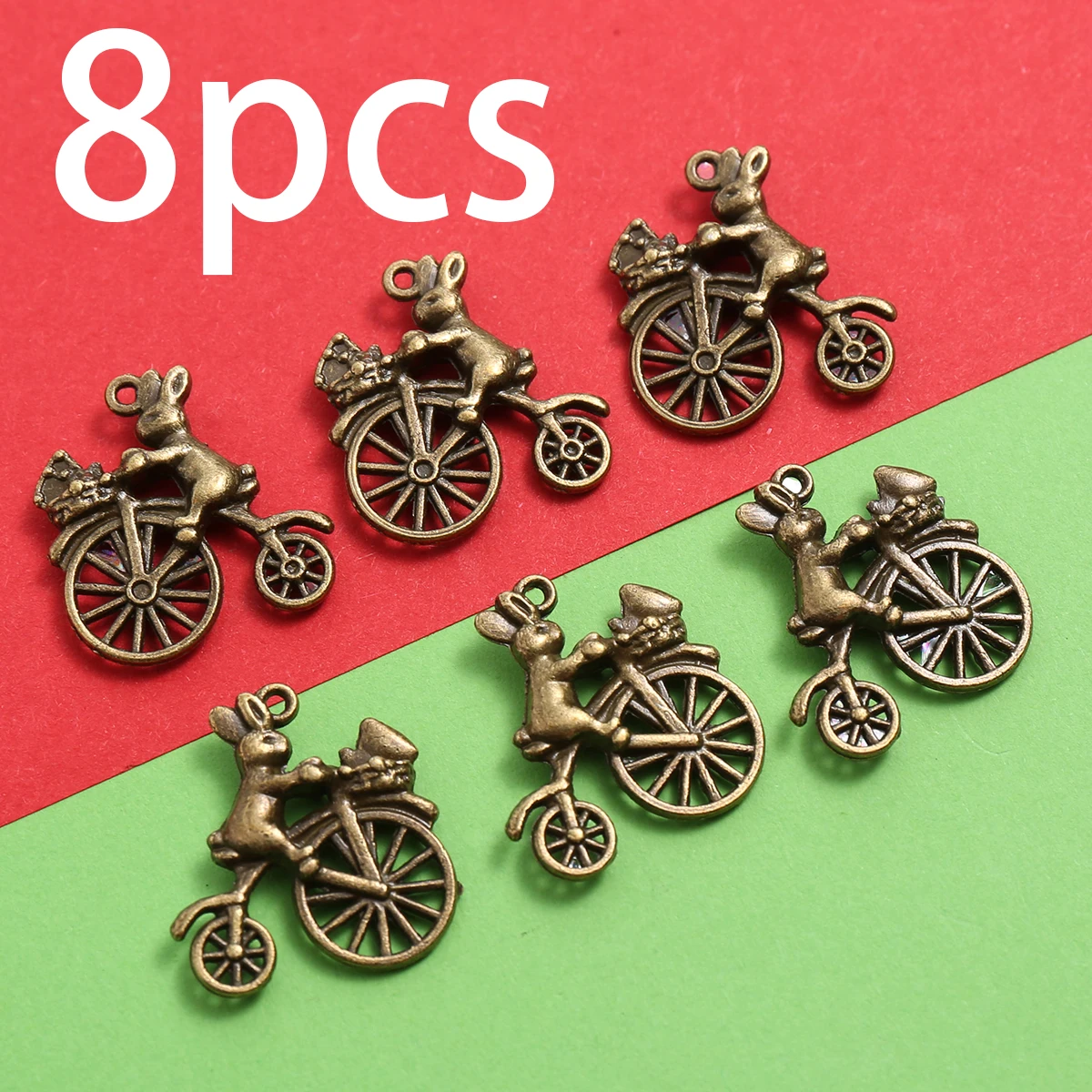 8-Piece Set of Vintage Cycling Rabbit Charms, Featuring a Wheelbarrow and Top-Hatted Rabbit Design, Suitable for DIY Bracelets, Necklaces, and Earrings, Vintage-Style Handmade Beaded Decorative Accessories