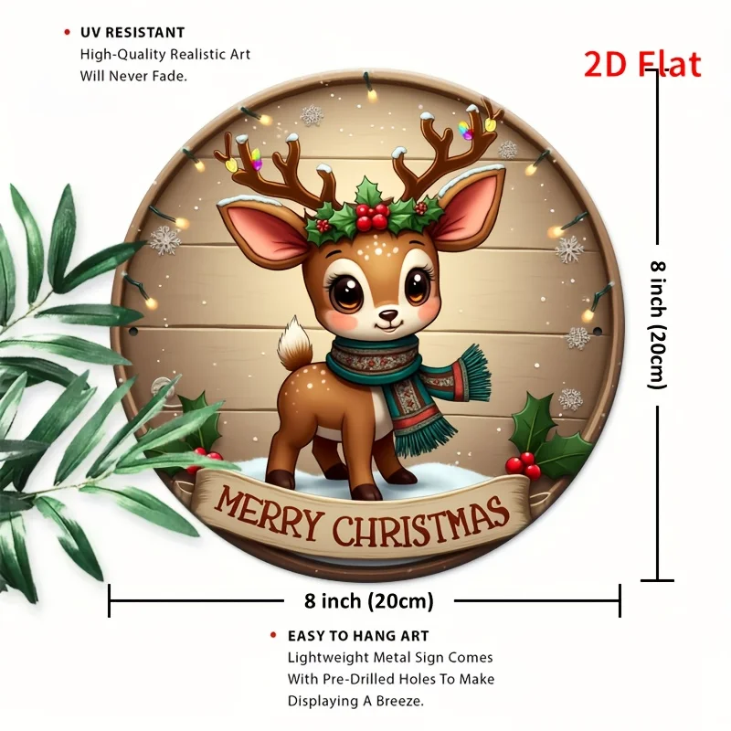 2D Plane - Cute Reindeer Christmas Joy Wreath , Metal Wreath , Door Decoration, 2D Flat, Perfect for Room Decor