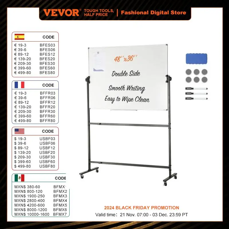 VEVOR Rolling Magnetic Whiteboard Double-Sided Mobile Whiteboard 360° Reversible Adjustable Height Dry Erase Board for School