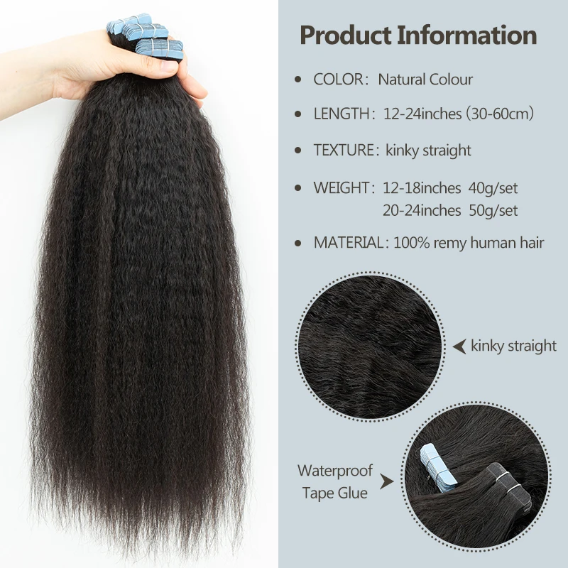 20pzs Kinky Recto Cinta en Extensiones Cabello Humano Real Cinta en Extensiones Cutícula Remy Cinta en Extensión de Cabello 18 22pulg 4