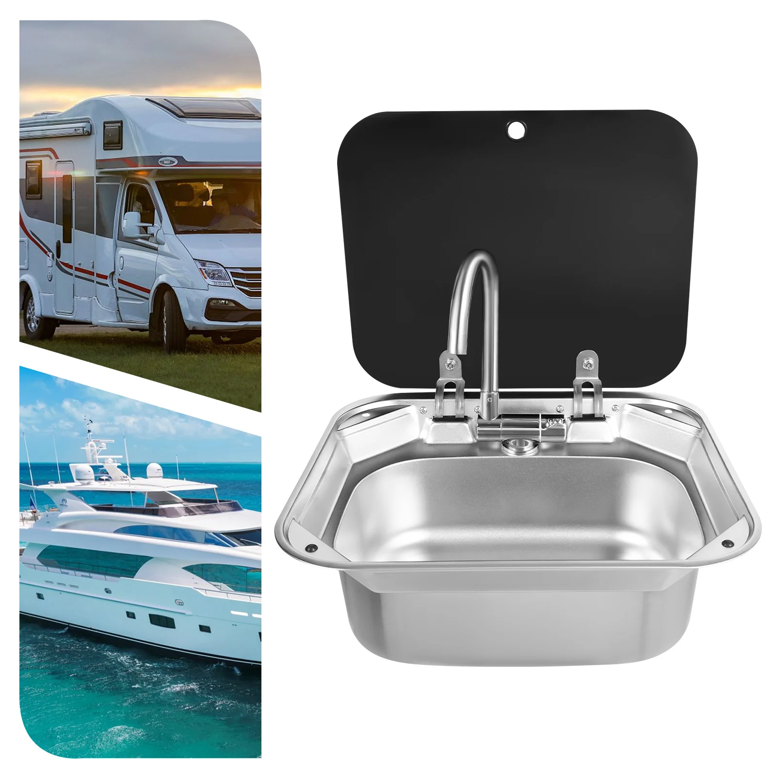 RV Stainless Steel Sink with Pull-Down Faucet & Cutting Board Cover - 3-in-1 Space-Saving Kitchen Set for Camper Vans, Boats, an
