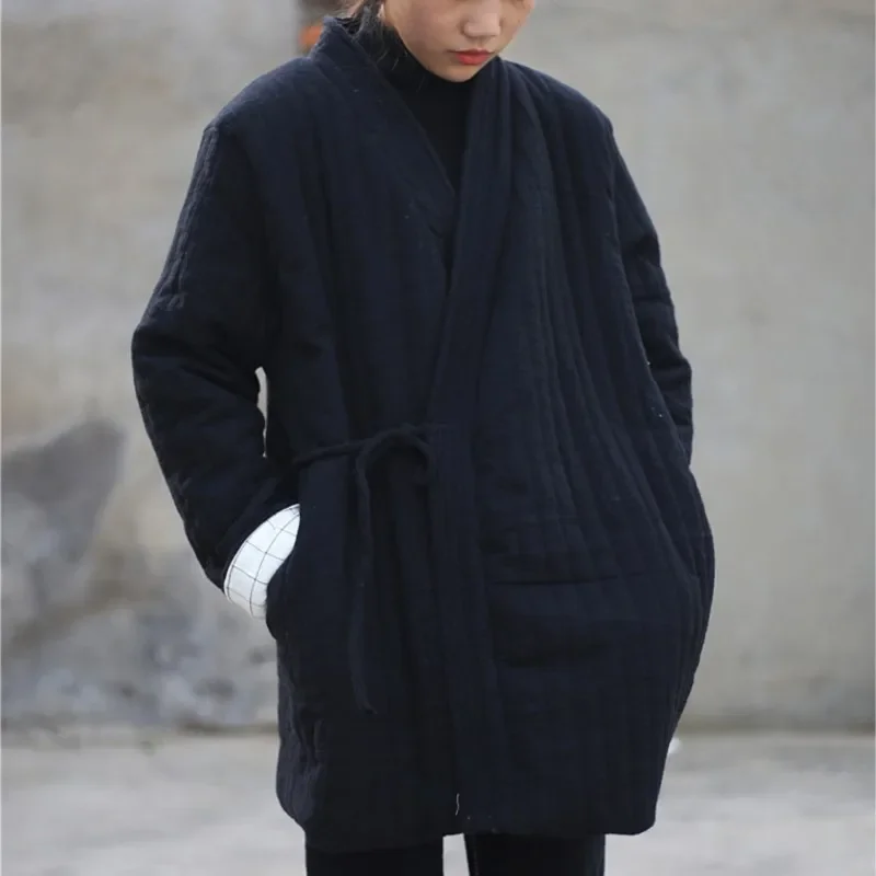 Parka chinoise à manches longues et col en V pour femmes, manteau en coton, ceinture solide, vêtements d'hiver vintage, document, 2024