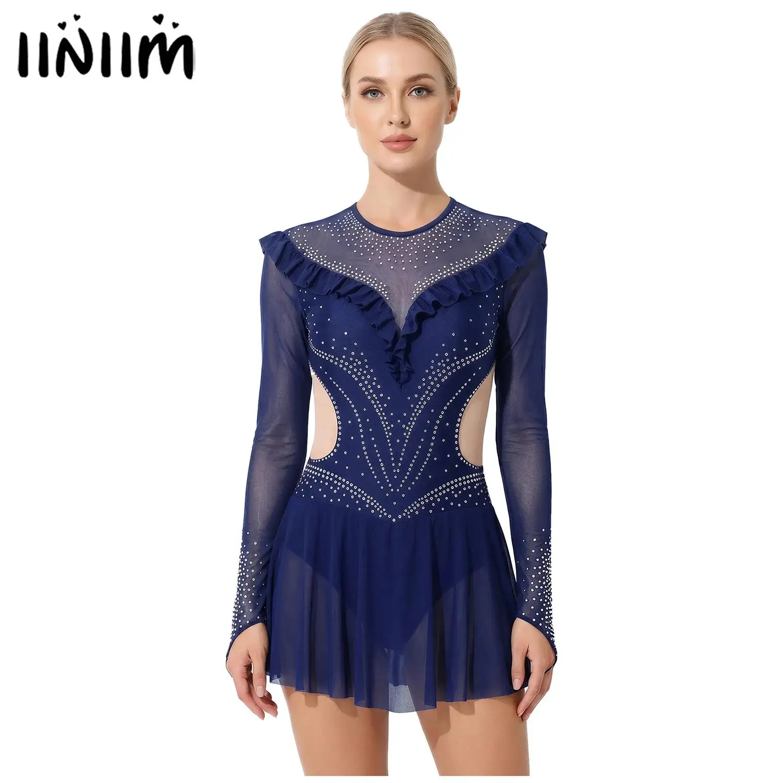 

Женский гимнастический купальник-боди с камнями для фигурного катания, балета и танцев, с оборками, юбка-комбинезон