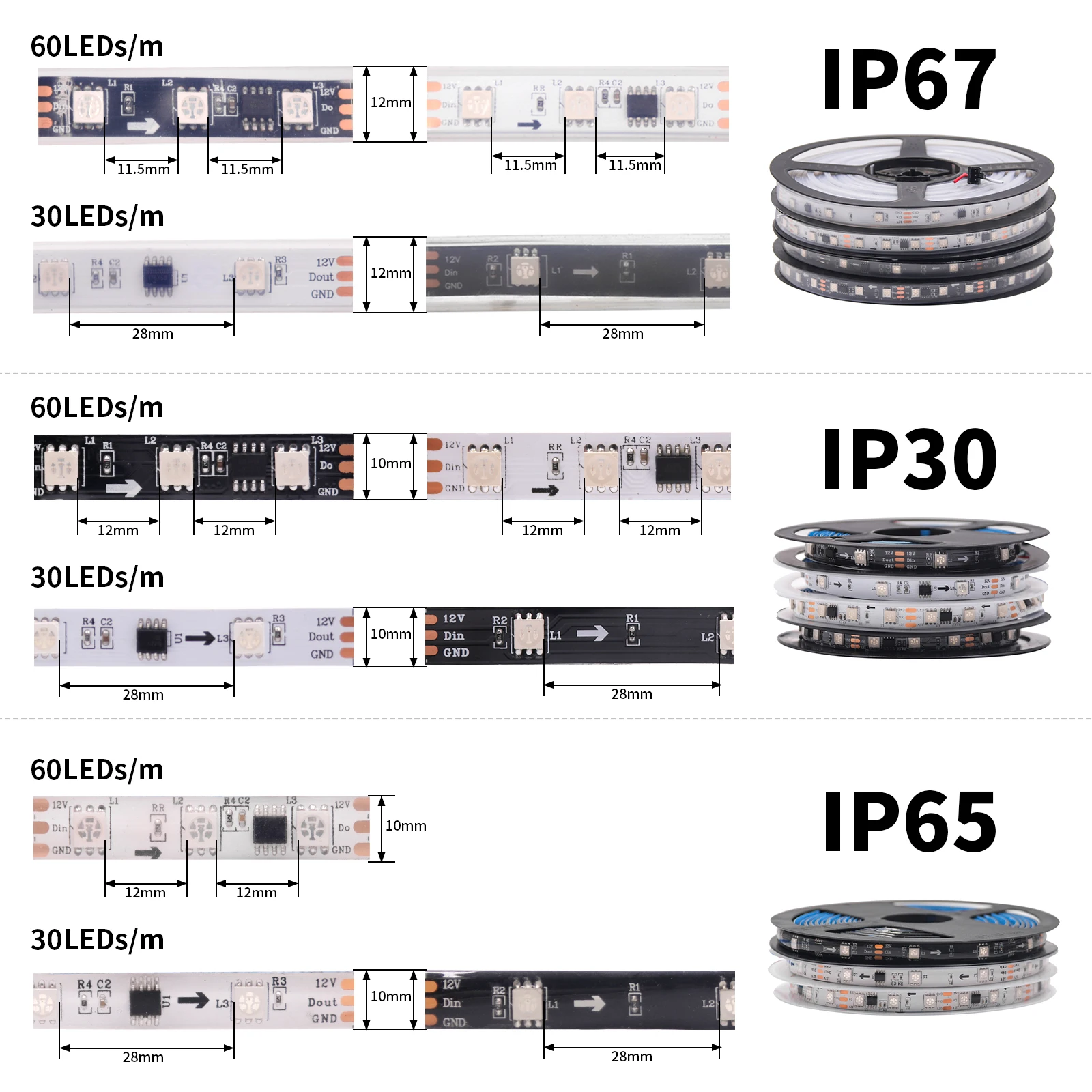 Tira de luces LED WS2811 a todo Color, cinta de 30LEDs/m, 60LEDs/m, RGB 5050, IP30, IP65, IP67, direccionable, iluminación de fondo de TV, 12V