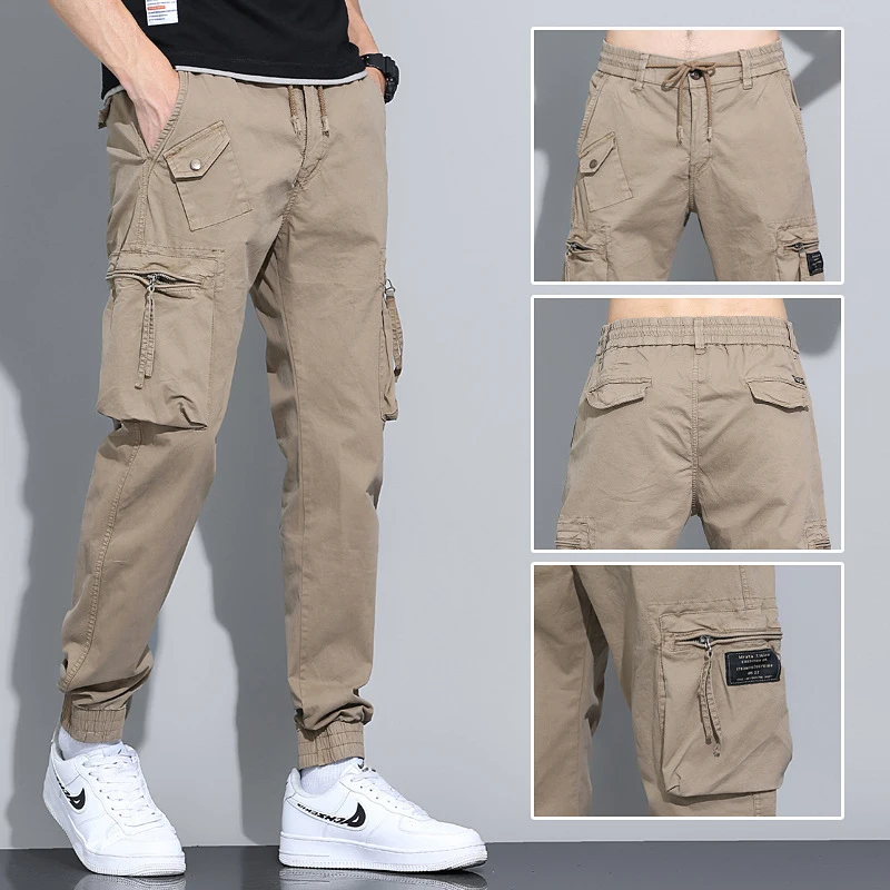 Men's Slim Fit Ankle Tied Work Pants Loose Casual American Retro Cropped Pants