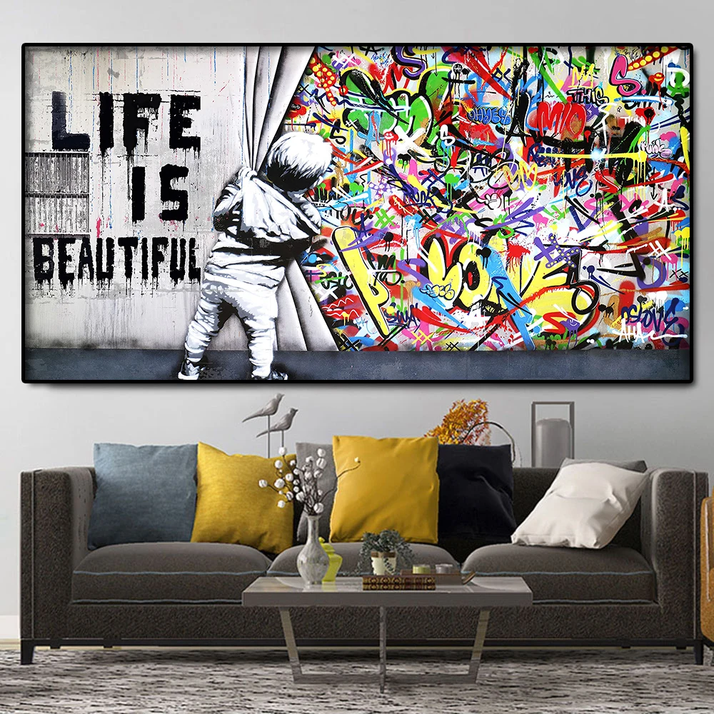 

Scandinavian Graffiti Artwork Canvas Paintings Life Is Beautiful Wall Art Poster and Print The Curtain Picture Modern Home Decor