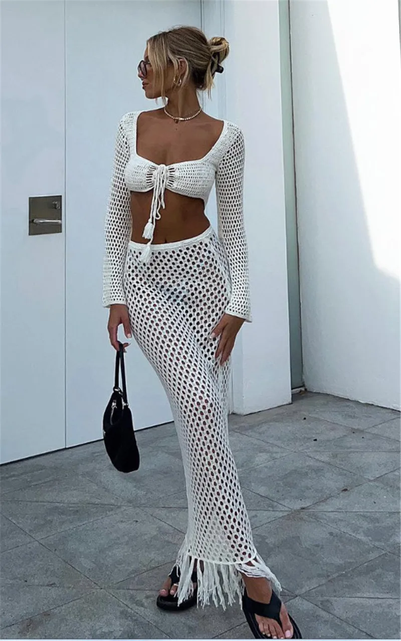 Women Backless Cropped Top Bandage Fringe Long Dress Summer Beach Knitted Dresses Swimwear Cover Up 2 Pieces Set Swimsuit
